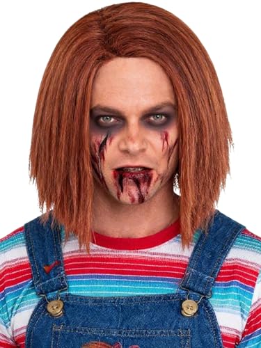 Half and Half Short Brown Doll-Killer Costume Wig Mens Dark Red Brown Side Part Synthetic Hair for Women Unisex Halloween Party