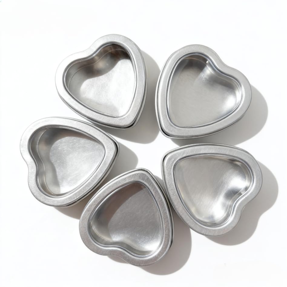15 Pack 2oz Heart Shaped Metal Tin Cans, Empty Mini Candle Tins with Clear Window Lids, Silver Metal Tins for Candle Making, Candies, DIY, Crafts, Gifts and Treasures