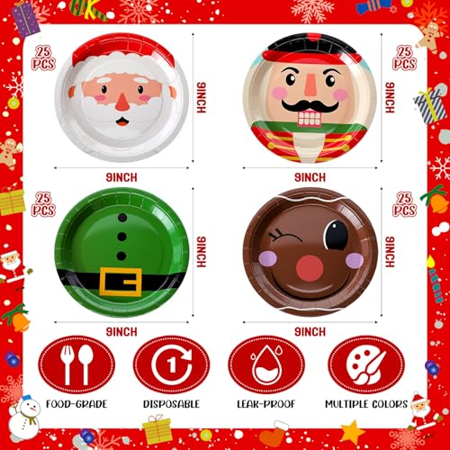 100 Pcs 9 Inch Christmas Paper Plates, Disposable Santa Red and Green Belt Dessert Plates, Xmas Dinnerware Set Platters Table Decorations for Cake Salad Fruit Winter Party Supplies, 4 Styles – Image 3