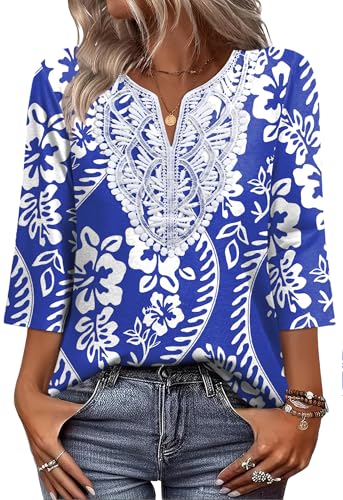 WIHOLL Women Fall Clothes Blouses for Women Dressy Casual Plus Size Fashion Clothing Boho Tops Lace Fall Outfits Women's Tops Tunic Loose Fit Oversized Tshirts White Floral 3XL - 6