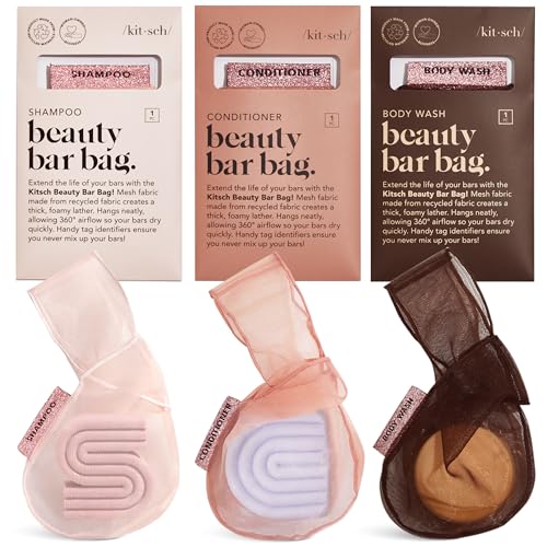 Kitsch Bar Soap Saver Pouch Patented Mesh Soap Bag for Shampoo and Conditioner Bars Extends Use & Prevents Soggy Mess Recycled Beauty Bar Bag Eco-Friendly - 3pc Set Blush Terracotta & Chocolate