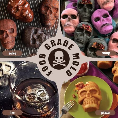 Image of HKNMTT Skull Silicone Baking Pan for Halloween Pizza Cake, 6 Cavities 3D Large Molds, Nonstick Skeleton Head for Soap Ice Tray Oven Safe