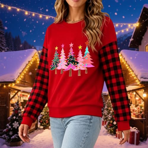 YNCSZEC Vintage Christmas Sweatshirts Women Casual Plaid Long Sleeve Pullover Crewneck Printed Xmas Sweaters Tops Red funny xmas sweatshirts S - image 3