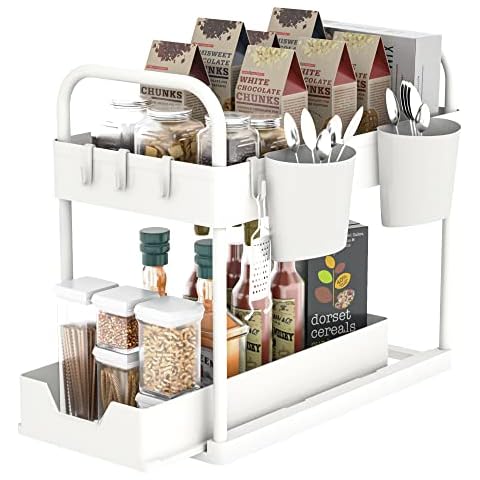 2 Tier Under Sink Storage,Under Sink Organiser with Bottom Sliding Basket Drawer,4 Hooks, 2 Hanging Cup, Handles,Multi-Purpose Under Sink Cabinet Organiser for Bathroom Kitchen Countertop,White Cover
