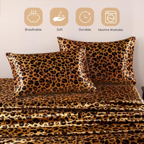 Image of MR&HM Satin Bed Sheets with Elastic Corner Straps, Queen Size Sheets Set, 4 Pcs Silky Bedding Set with 15 Inches Deep Pocket for Mattress (Queen, Gold Leopard)