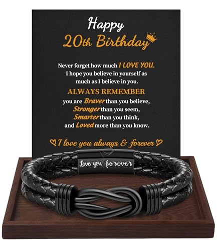 Btysun 20th Happy Birthday Gifts for Teen Leather Bracelets for Men Forever Linked Together Black Mens Birthday Gift Ideas Valentines Gifts Jewelry