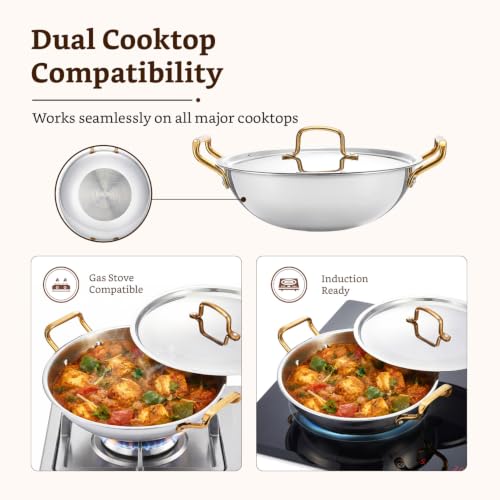 Image of Amazon Brand - Solimo Premium Triply Stainless Steel Kadhai 26cm (3.2L) | SS Lid | Even Heating | Gas & Induction Compatible | Dishwasher Safe | Food Safe SS 304 | Elegant Golden Handles | BIS Certified