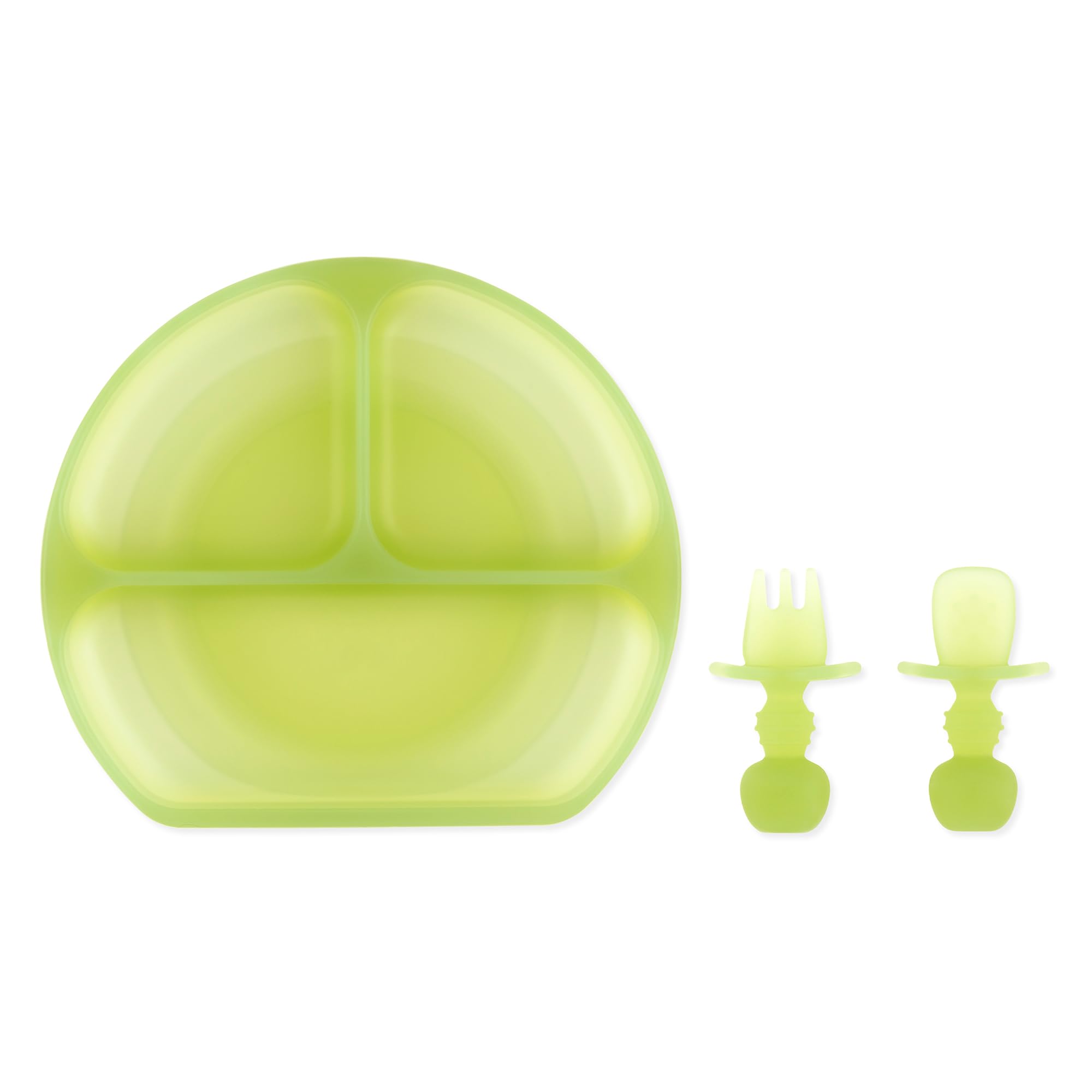 Bumkins Silicone Grip Dish 3-Section & Silicone Training Chewtensils, Jelly Green