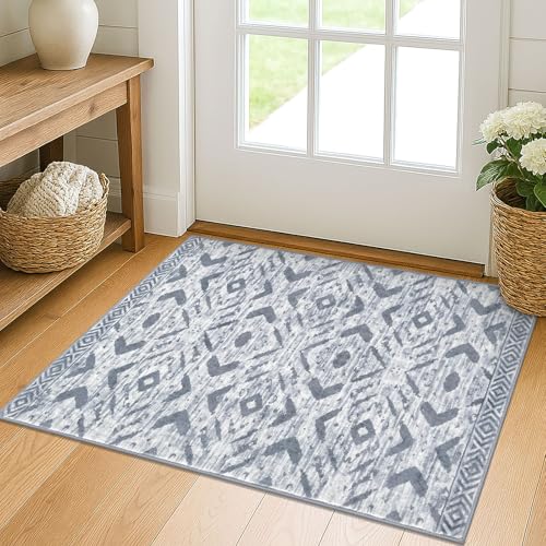 KILOCOCO Boho Entryway Rug 2x3 Printed Small Area Rug Indoor Door Mat Machine Washable Kitchen Rugs Super Soft Non Slip Throw Rugs for Bedroom Entrance Geometric Laundry Room, Gray/White