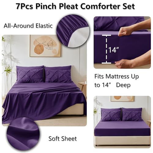 CozyLux Full Size Comforter Sets Purple, 7 Pieces Pintuck Bed in A Bag Purple Comforter Full Size, Pinch Pleat Bedding Sets with All Season Comforter, Sheets, Pillowcases & Shams