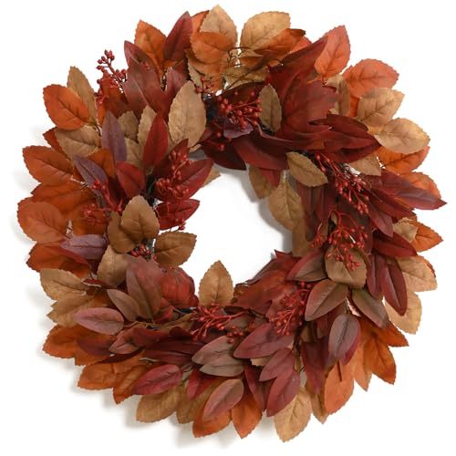 Image of DN DECONATION Fall Wreath for Home Front Door Decor, Decorations for Wall | 22in Autumn Brown Wreath, Artificial Leaves, Red Berry Clusters, Perfect for Thanksgiving Harvest Farmhouse Outdoor Indoor