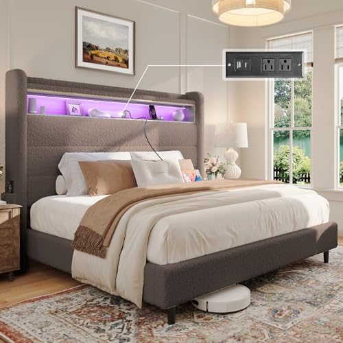 JocislandKing Bed Frame with Tall Headboard and LED Lights Charging Station Upholstered Platform Bed Wingback, No Box Spring, Boucle Khaki