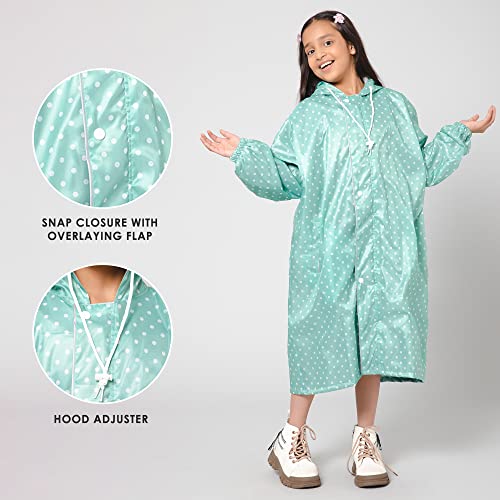 Image of THE CLOWNFISH Drizzle Dot Series Kid's Raincoat Waterproof Polyester Double Coating Reversible Long Length Coat With Hood And Reflector Logo At Back.