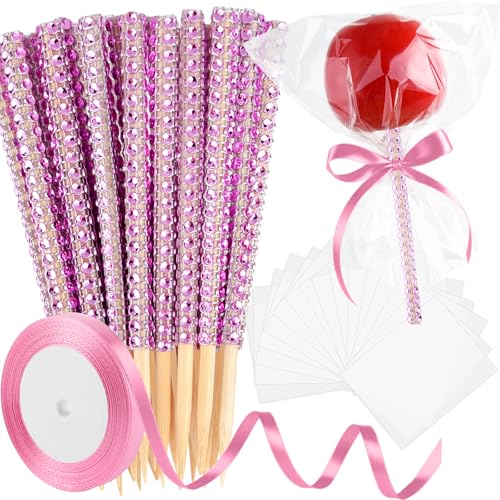 ASTARON 24 Pack Glitter Bling Candy Apple Sticks and Bags Cake Pop Sticks Kit Including Caramel Apple Sticks with Ribbon and Chocolate Apple Packaging Bags for Party Supplies (Pink)