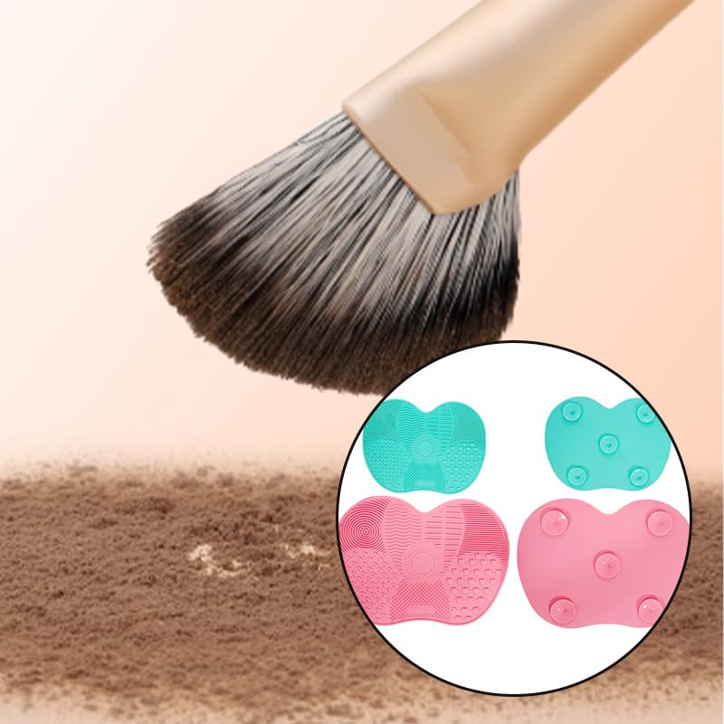 4 Pcs Silicone Makeup Brush Cleaning Mat Portable Makeup Brush Cleaning Mat with Suction Cup, Washing Tool for Makeup Brushes, Large and Small Sizes (Green and Pink)