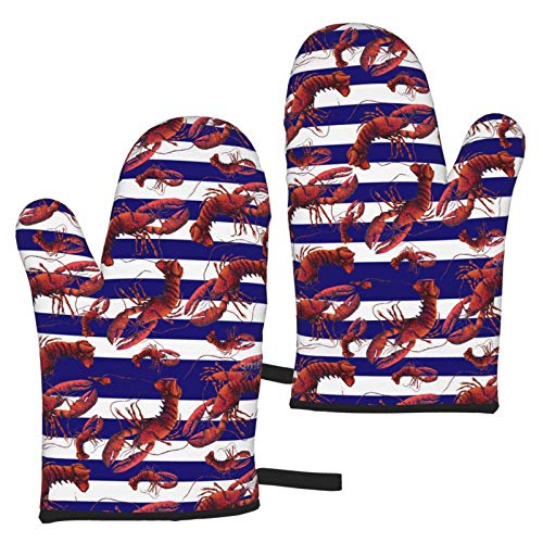 Blue Striped Lobster Oven Mitts Heat Resistant Gloves Waterproof Non-Slip Thick Mitt Kitchen Decor Accesories for Baking Cooking Grilling BBQ Microwave Toaster