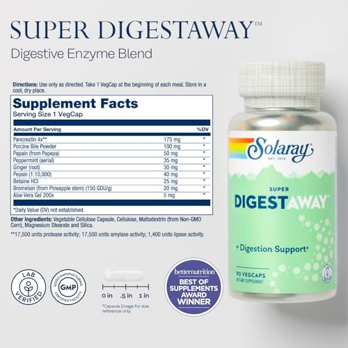 Image of SOLARAY Super Digestaway Digestive Enzymes - Pancreatin, Papain, Ginger, Pepsin, Betaine HCl, Aloe Vera, and More - Digestion & Nutrient Absorption Support - Lab Verified - 90 VegCaps