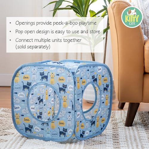 Image of Kitty City Cat Print Pop-Up Play Cube, Collapsible Indoor Hideout with Peekaboo Openings, Lightweight Foldable Cube for Play & Lounging, Blue