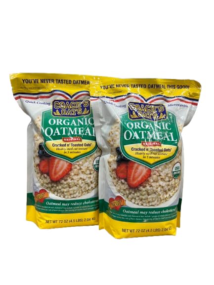COACH'S OATS Organic Whole Grain Oatmeal (72 oz) Pack of 2 | Cracked n’ Toasted | Quick-Cooking, Steel Cut Texture | Heart-Healthy, Delicious Breakfast | Microwavable, Stovetop, Overnight Oatmeal