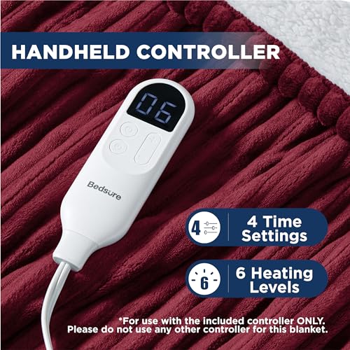 Image of Bedsure Electric Blanket Heated Throw - Soft Ribbed Flannel Heated Blanket, Fast Heating Electric Throw with 6 Heating Levels & 4 Time Settings, 3 Hours Auto-Off (50x60 inches, Red)