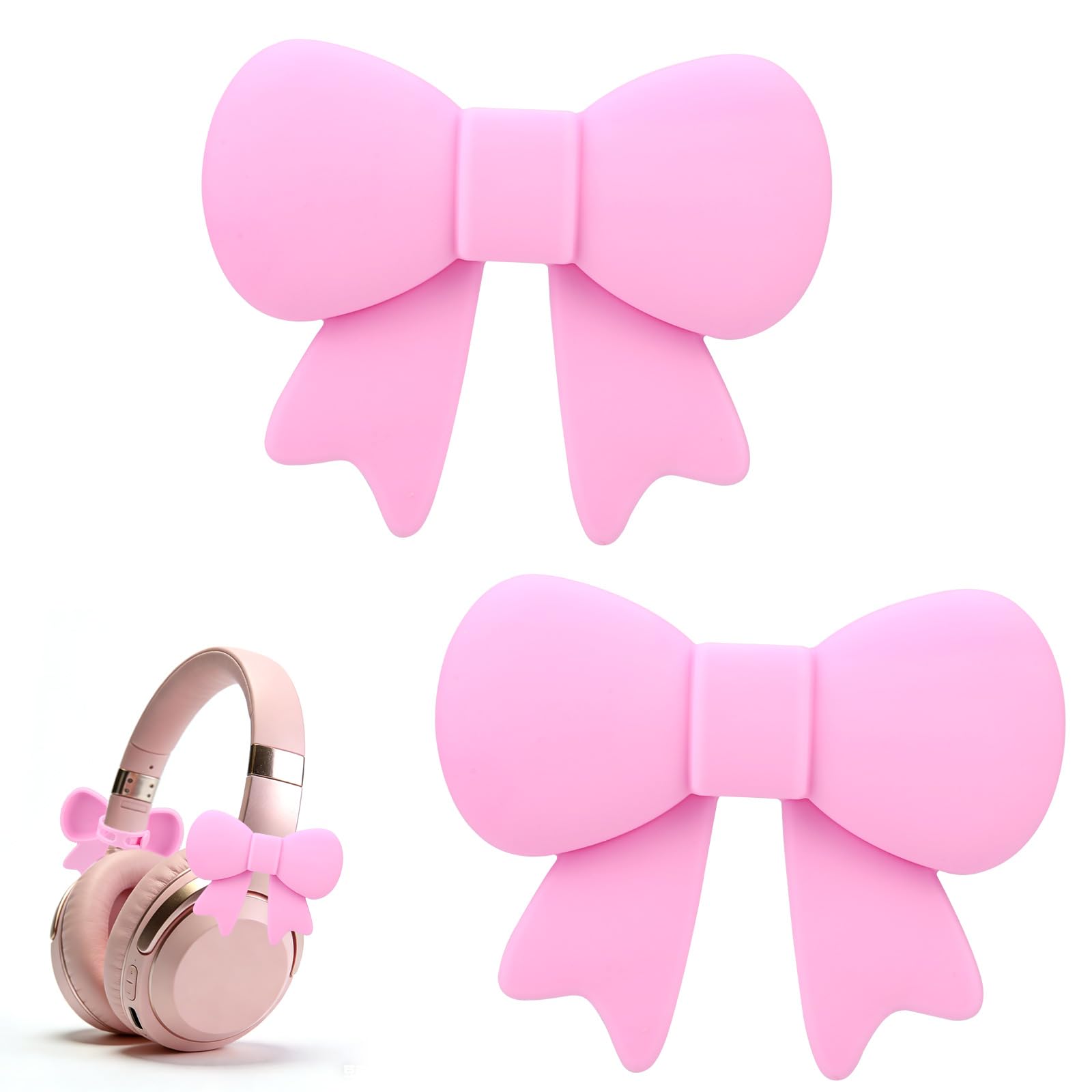 2pcs Pink Bow Decor Headphone Accessories, Adjustable Silicone Headphone Headset Attachment Accessories Charms 3D Cute Earphone Gaming Girly Gamer Decorations Supplies Her Gift Birthday for Women