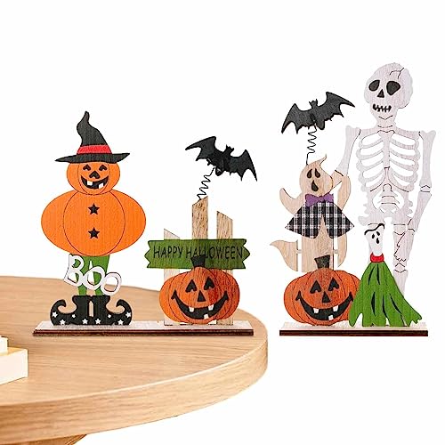 Decorhome Calabaza de madera, decoración clásica de esqueleto de calabaza de Halloween, cartel de Halloween, decoración de mesa, artesanía de madera, decoración de escritorio para dormitorio,