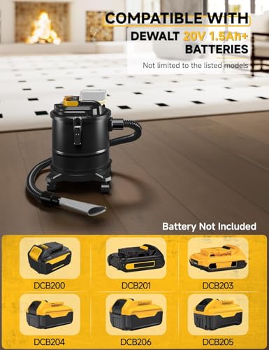 Image of Cordless Ash Vacuum for Pellet Stoves, for DEWALT 20V Max Battery, Pellet Stove Vacuum Cleaner with 2 HEPA Filters, Powerful Suction, 4 Gallons & 4 Wheels, 38 inch Hose for Wood Fireplaces, BBQ Grills