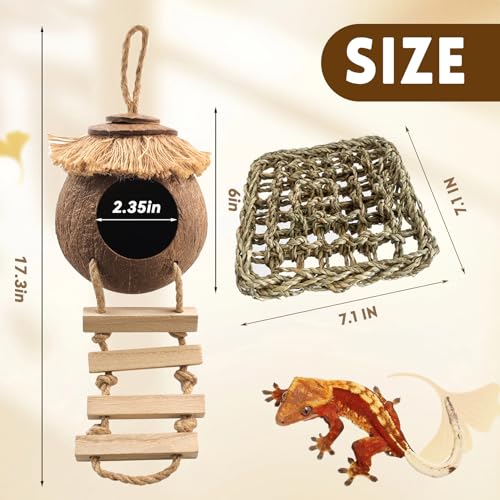 Image of Gecko Coconut Hideout with Ladder,Reptile Hammock Plants Vines Jungle Terrarium Decor Tank Accessories for Crested Geckos,Leopard Geckos,Lizard,Snakes,Tree Frogs