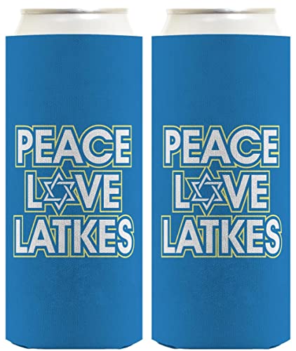 Hanukkah Party Supplies Hanukkah Peace Love Latkes 2-Pack Ultra Slim Can Coolies Blue