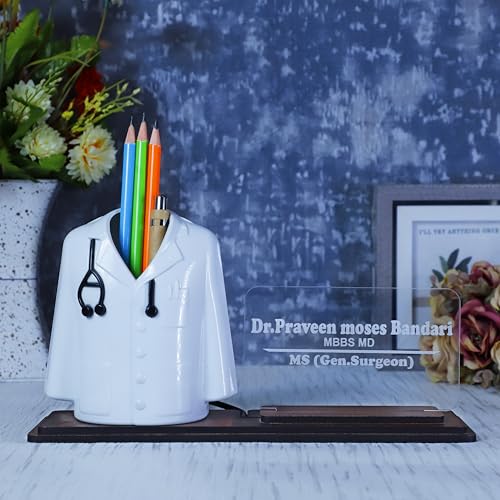 Image of Doctor Coat Pen Stand with LED Name Plate, Wooden Base, Bamboo Pen & Personalized Wooden Keyring | Customized Desk Organizer for Doctors & Medical Aspirants | Apron Shape Pencil Holder
