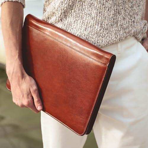 Time Resistance Leather Portfolio - A4 Document Folder - Italian Handcrafted Padfolio Organizer (Cognac Brown) - Gift Box Included3