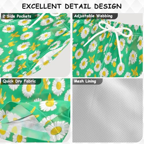 Swimming Shorts for Boys, Swimwear for Toddler Boys 2t, White Flowers Daisies Green3