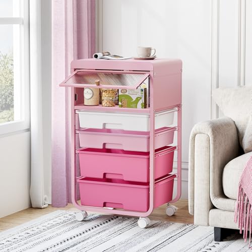 Image of SYKIARIOL Utility-Rolling-Storage-Drawer-Craft-Cart-Organizers with 4 Drawers & Dust-Proof Door for Kid Craft Art Room,Bedroom,Home Office, Classroom, Rose Pink
