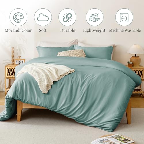 Image of MILDLY Duvet Cover 90 inchx98 inch Ultra Soft Comforter Cover Set 3pcs, Teal | Washed Microfiber Cotton-Like, Breathable Comfort, Hidden Zipper, Corner Ties, OEKO-TEX Certified, Fade Resistant