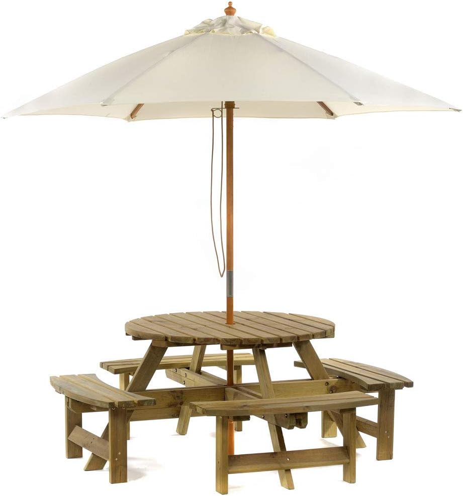 Picnic Pub Bench 8 Seater Round Wooden Garden Patio Table Thick Timbers With Parasol (Natural)