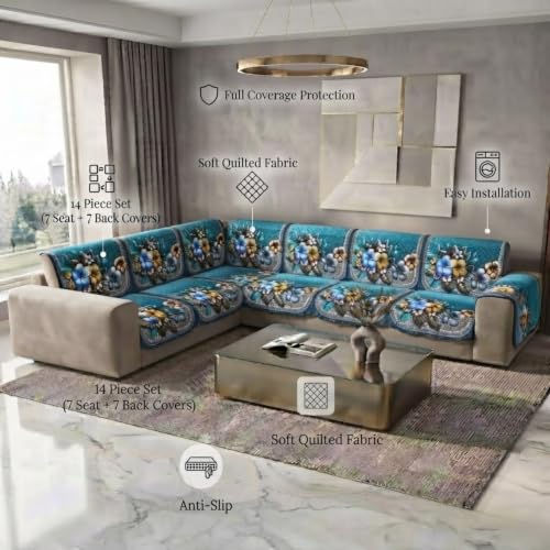 Image of L Shape Sofa Cover 3+2 Seater Pack of 14 (Teal)