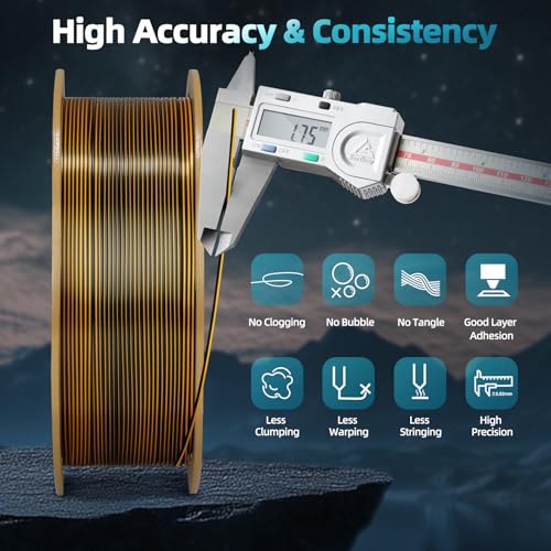 Image of Dual Color Silk PLA 3D Printer Filament 1.75mm,Dual Color 2-in-1 Gold-Black Silk Filament 1KG Spool (2.2lbs) Dimensional Accuracy Probability + /- 0.02mm Fit Most FDM 3D Printers, Black-Gold