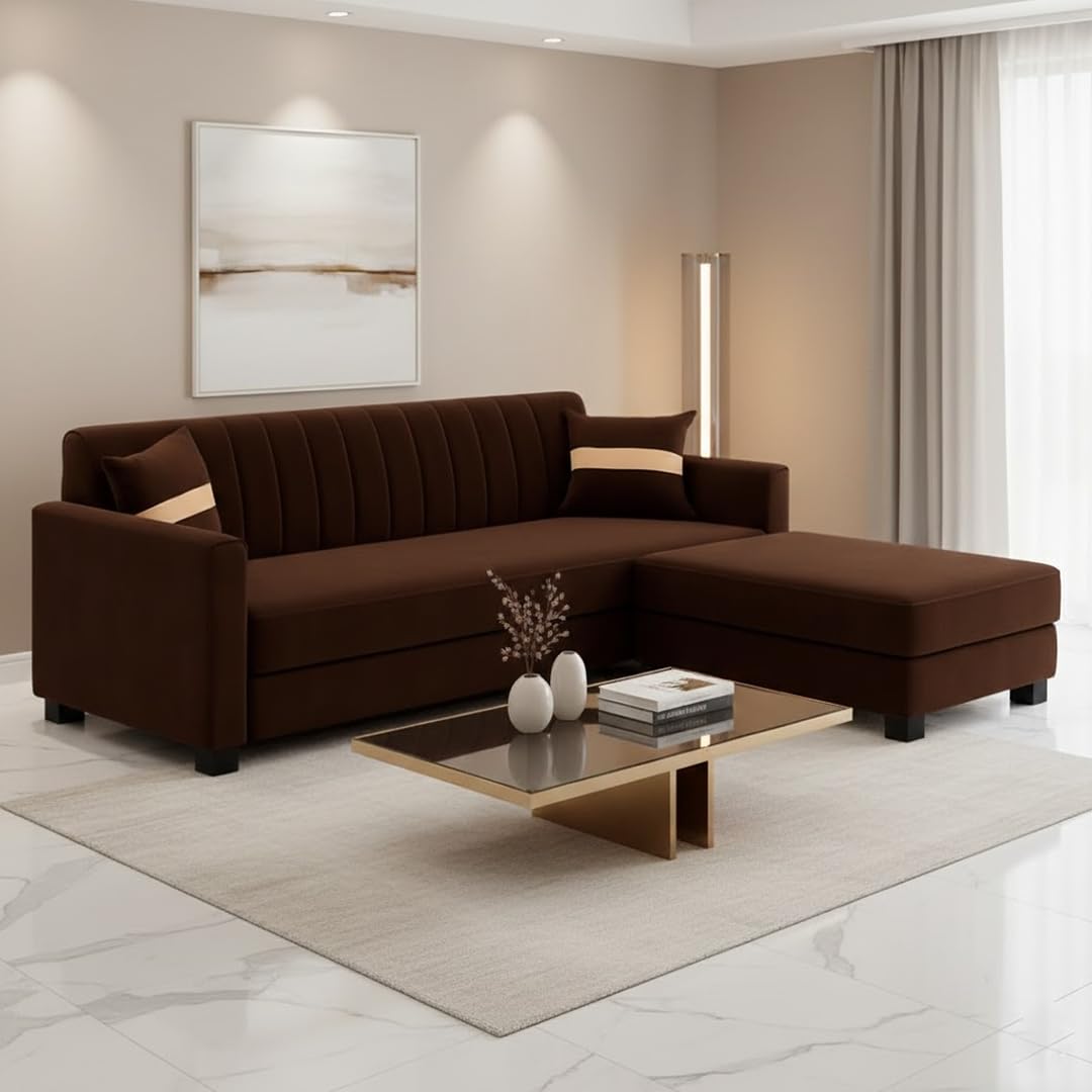 FURNY Karelon 3 Seater Fabric Modular Sofa Set with Ottoman (Brown) | Premium Velvet Finish | Durable Comfort | Ideal for Living Room-image-37
