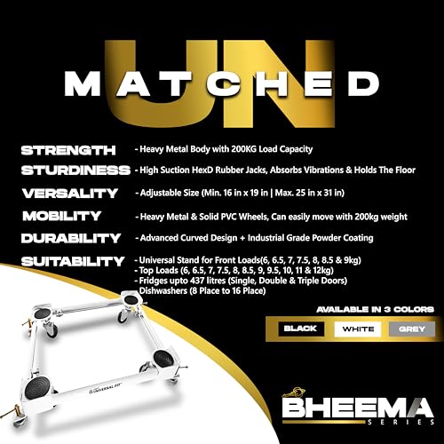 Image of Bheema Series Washing Machine Stand 8kg, 7kg, 6.5kg, 6kg & 9kg Front Load & Top Loading, Dishwasher & Fridge Trolley with Wheels | Heavy Metal, 200kg Capacity, Adjustable Size & Anti-Vibration