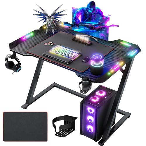 Claiks Gaming Tisch mit LED, 100x60 cm Gaming Schreibtisch Z-Frame, Ergonomischer Gamer PC Tisch mit Getränkehalter, Kopfhörerhaken, Stabiler Computertisch, Schwarz