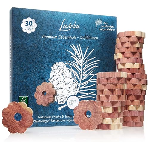 Aros Madera Cedro: 30 Flores Cedro Premium antipolillas para Ropa -Protección Natural Decorativa Absorbe Olores Armario - Trampas Naturales para Polillas - 30 Aros Madera Cedro Lavanda Lavodia