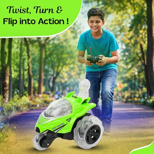 Image of Gooyo GY-0242 Rechargeable Stunt Car Toy for Kids with Tornado Rotation, Reverse Drive Function, Demo Mode, Lighting Effect & Music | Remote & USB Included | Power Source: in-Built Battery | Green