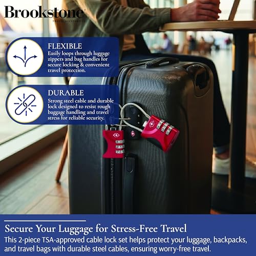 Image of Brookstone Cable Lock - 2 Pack 3-Digit Keyless TSA Approved Locks for Luggage - Resettable Combination Luggage Lock, Size One Size, Red