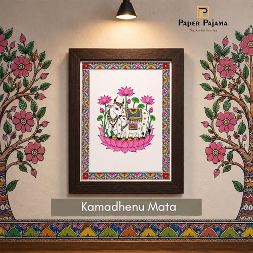 Image of PAPER PAJAMA Vastu Kamdhenu Cow and Calf Wall Art for Living Room | Madhubani Sacred Cow Painting with Lotus | Traditional Mithila Framed Decor for Home, Office & Pooja Room (10x13 Inches)