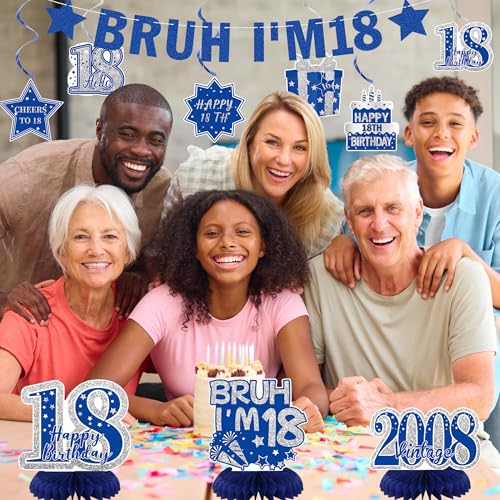 Image of Crenics Blue 2008 18th Birthday Decorations for Boys | Awesome Since 2008 Banner, Bruh I'm 18 Banner, Honeycomb Centerpieces and Hanging Swirls for 18 years old Party Supplies