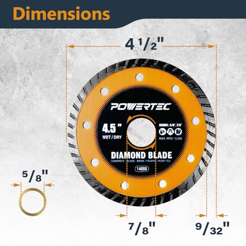 Image of POWERTEC 4-1 /2 inch Turbo Diamond Saw Blade for Angle Grinder, Diamond Blade for Cutting Concrete, Granite, Brick, Paver, Roofing Tile, 4.5 inch Diamond Blades for Wet /Dry Cutting, 3 Pack (14005-P3)