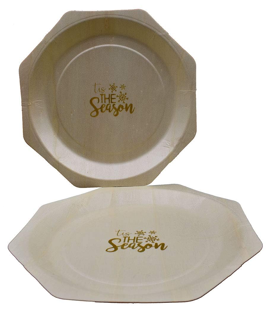 Perfect Stix 11 Disposable Wooden Plates with Custom Christmas Theme Tis The Season in Gold Print - Bulk Pack of 50Count, Octagon Shape, 10.2" (Pack of 50), Tis The Season Plates.