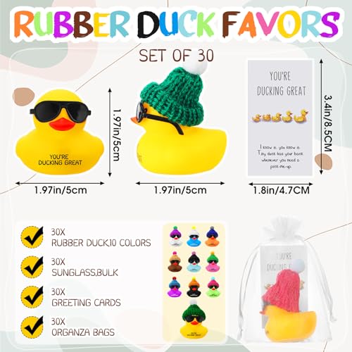 Deekin 30 Sets Thank You Gift You're Ducking Great Motivational Cards Mini Colorful Rubber Ducks with Glasses Hats with Card Organza Bags Bulk Toy for Cruises Students Coworkers Baby Shower