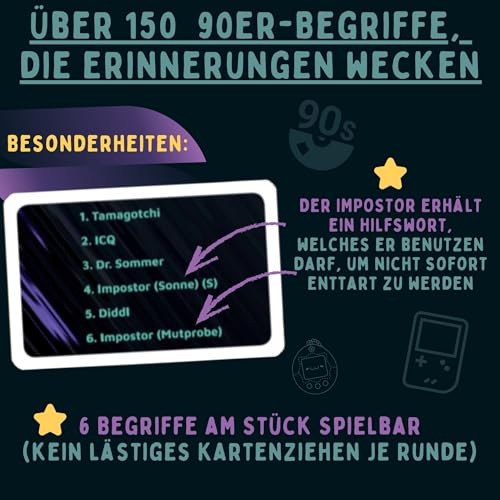 Impostor – Das Party Wortspiel 90er Edition inkl. Hilfsbegriffe | Lustiges Gesellschaftsspiel & Kartenspiel für Erwachsene, Familie & Freunde | Wer enttarnt den Hochstapler? | Nostalgie als Partyspiel – Bild 4