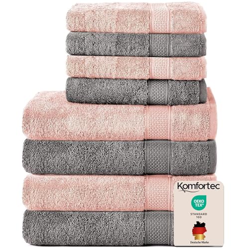 Komfortec Lot de 8 Serviettes 100% Coton 470 g/m², 4 Serviette de Bain 70x140 cm et 4 Essuie-Mains 50x100 cm, éponge Douce, Grande Taille, Gris...